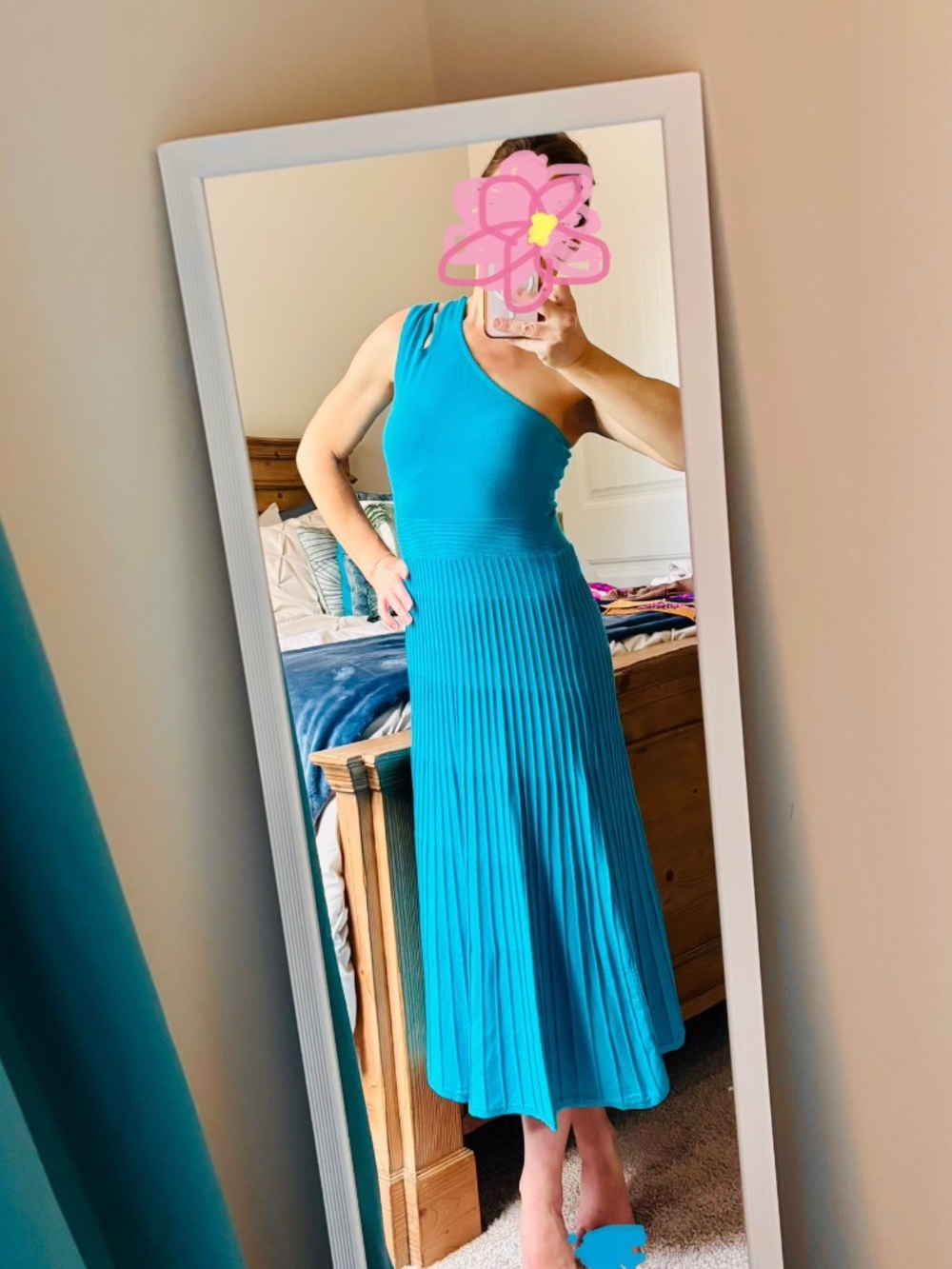Aquamarine blue one shoulder fit & flare midi dress